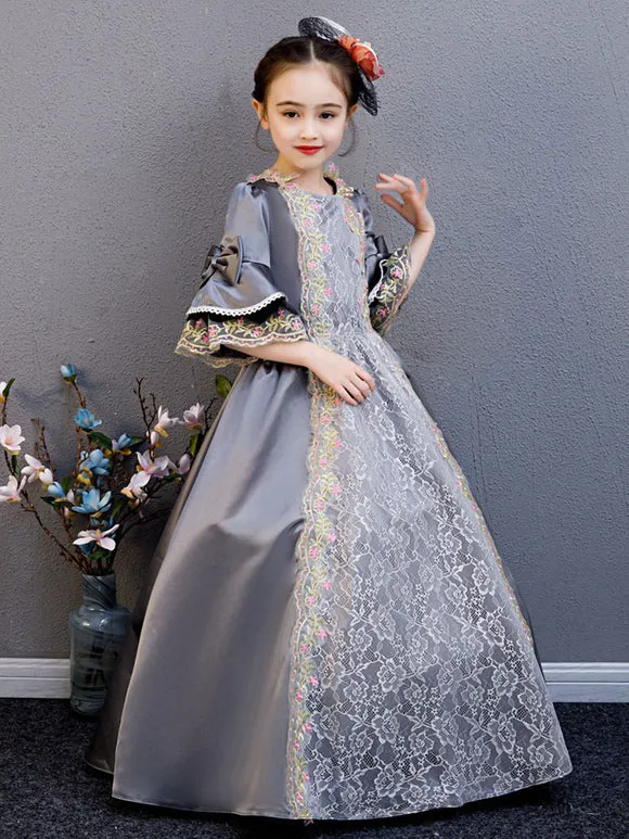Polyester Fiber Tea Party Draped 3/4 Length Sleeves Polyester Summer Dress Floral Print Grey Kids' Lolita Dresses