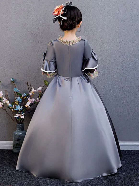Polyester Fiber Tea Party Draped 3/4 Length Sleeves Polyester Summer Dress Floral Print Grey Kids' Lolita Dresses