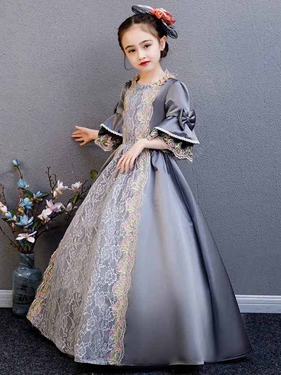 Polyester Fiber Tea Party Draped 3/4 Length Sleeves Polyester Summer Dress Floral Print Grey Kids' Lolita Dresses