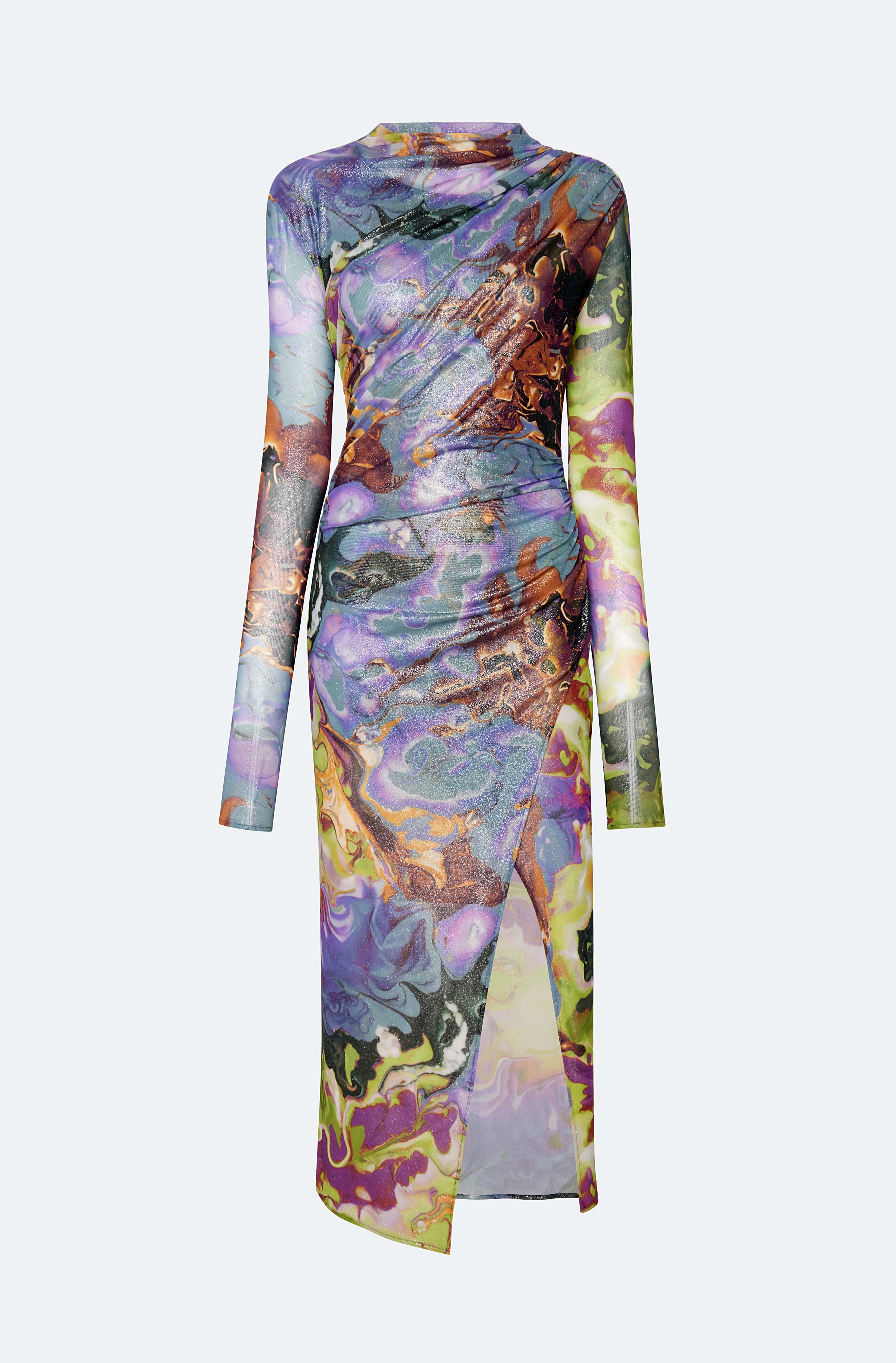 Printed Mesh Draped Midi Dress