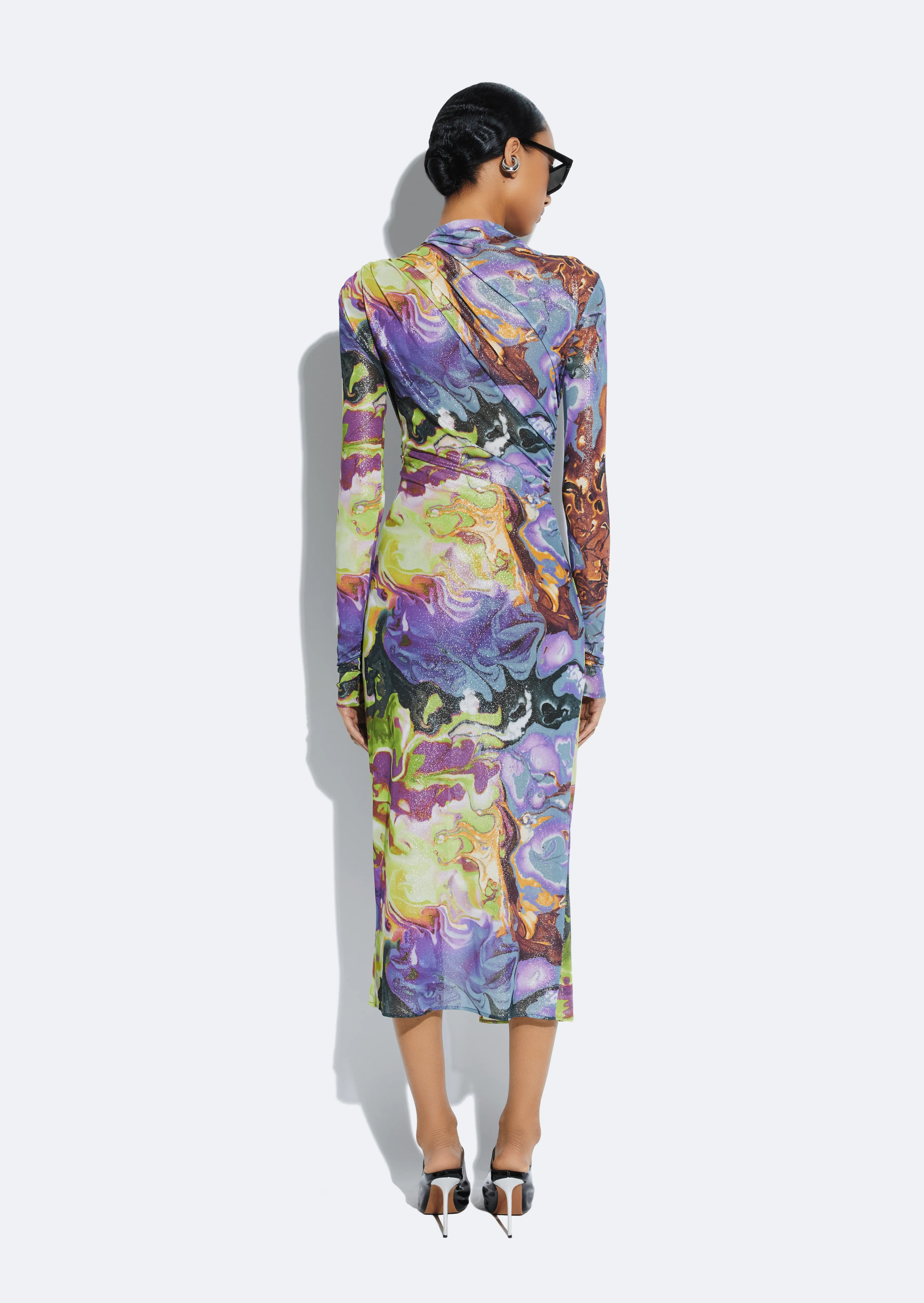 Printed Mesh Draped Midi Dress