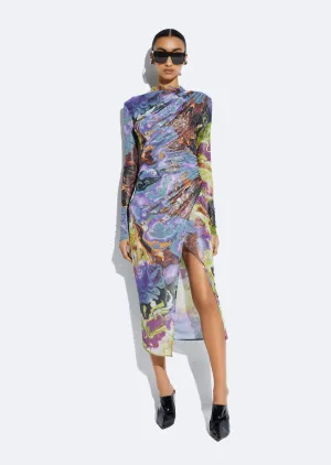 Printed Mesh Draped Midi Dress