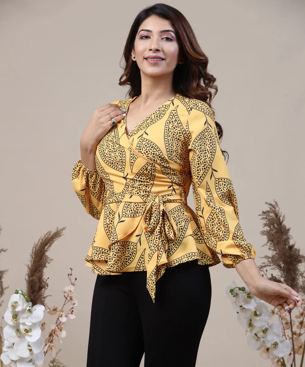 Printed Puffed Sleeve Peplum Top