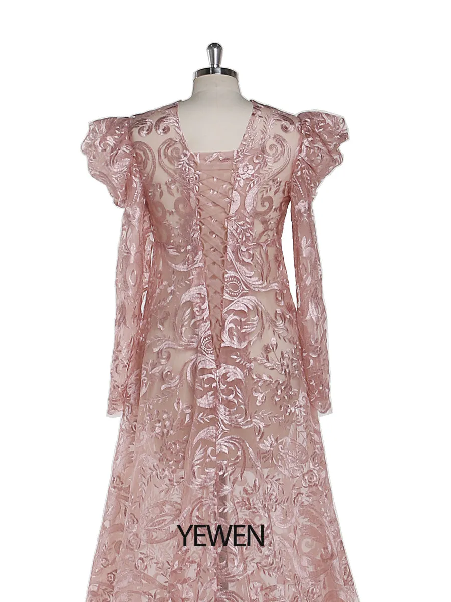 Puff Long Sleeves Lace Evening Dress High Neck Maternity Dresses for Photo Shoot Photography Dress Pregnant Woman YEWEN