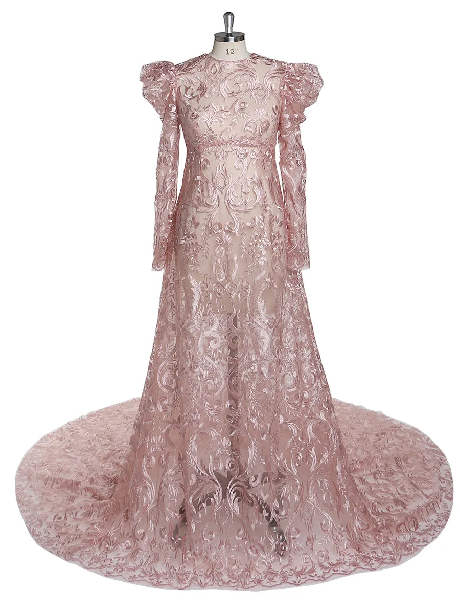 Puff Long Sleeves Lace Evening Dress High Neck Maternity Dresses for Photo Shoot Photography Dress Pregnant Woman YEWEN