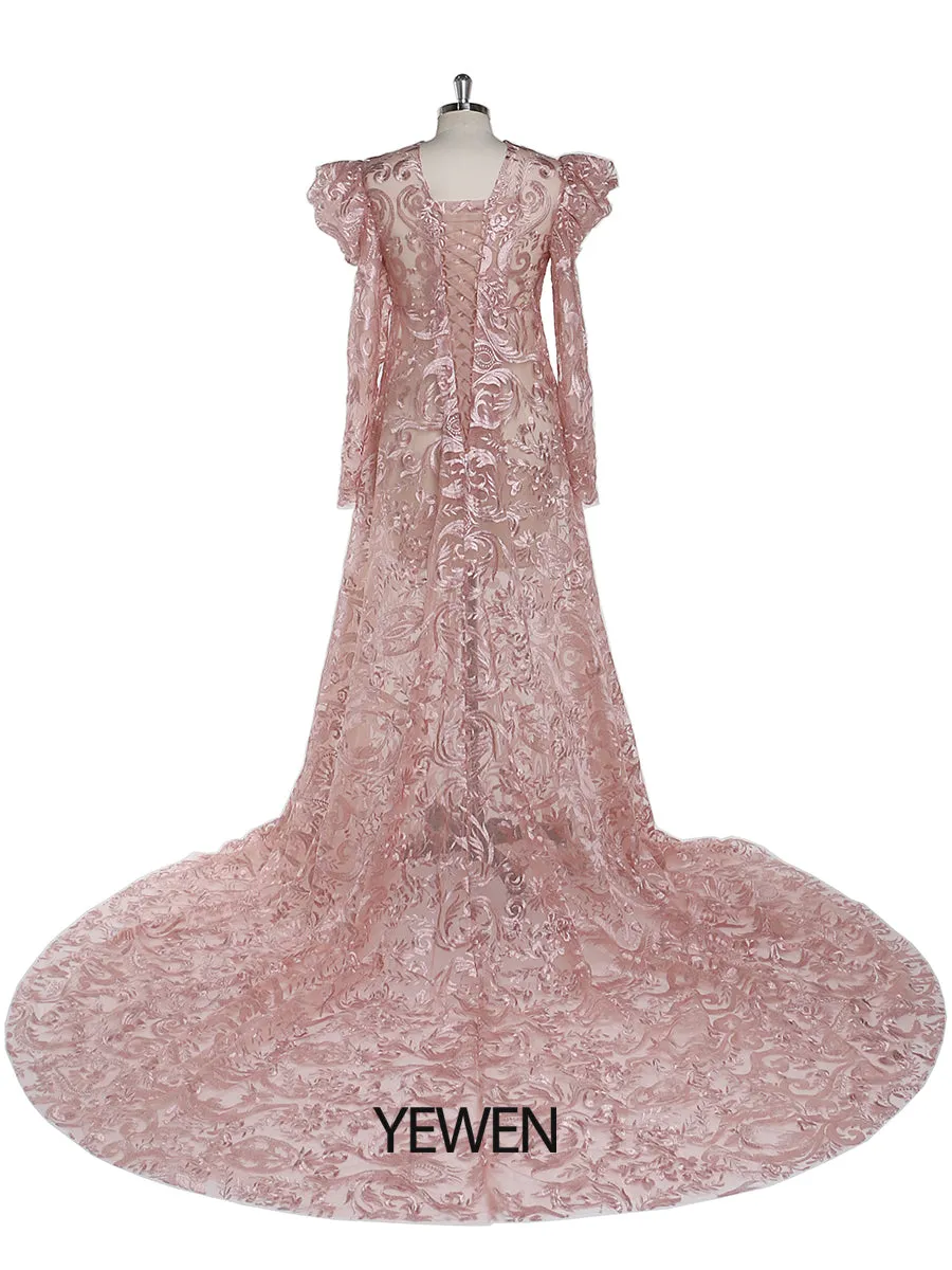 Puff Long Sleeves Lace Evening Dress High Neck Maternity Dresses for Photo Shoot Photography Dress Pregnant Woman YEWEN