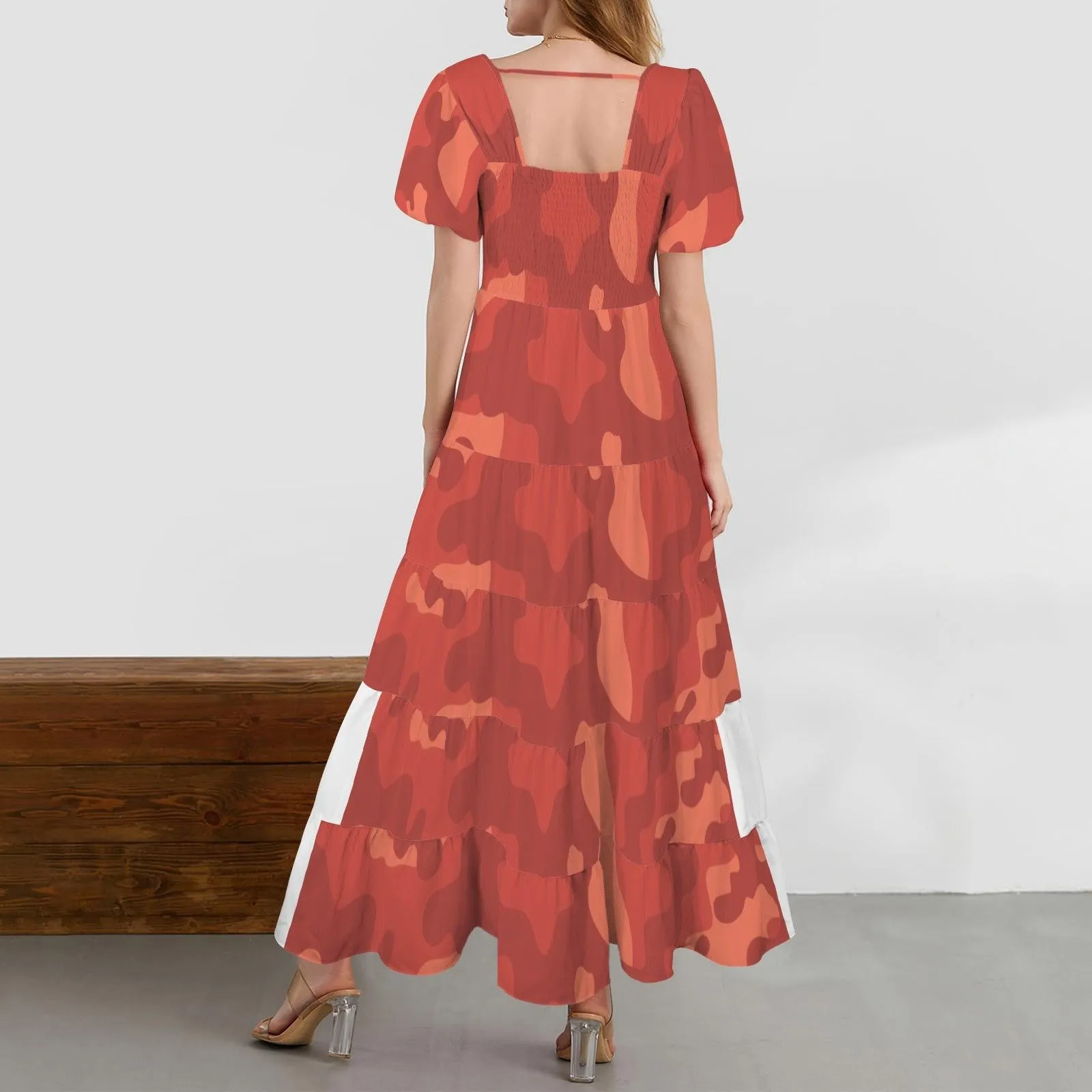 Puff Sleeve Smocked Backless Flowy Tiered Maxi Dress