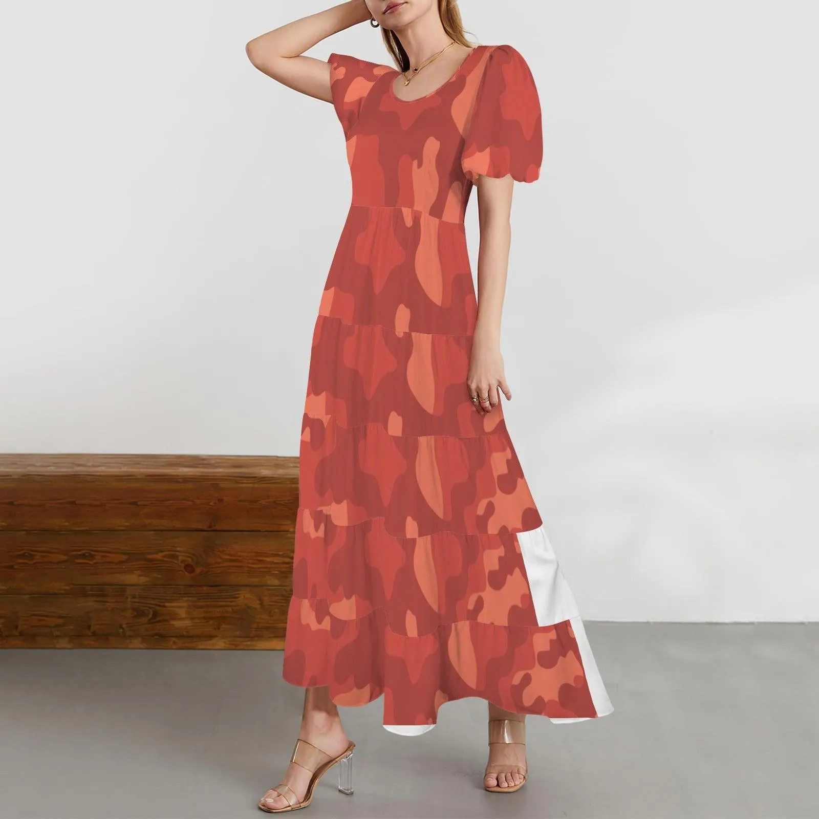 Puff Sleeve Smocked Backless Flowy Tiered Maxi Dress