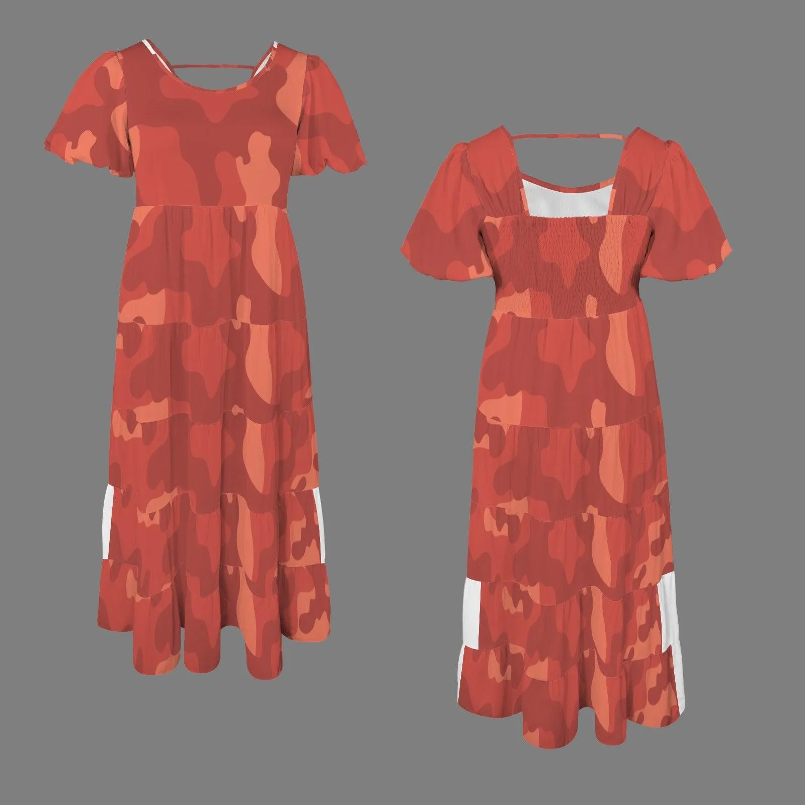 Puff Sleeve Smocked Backless Flowy Tiered Maxi Dress