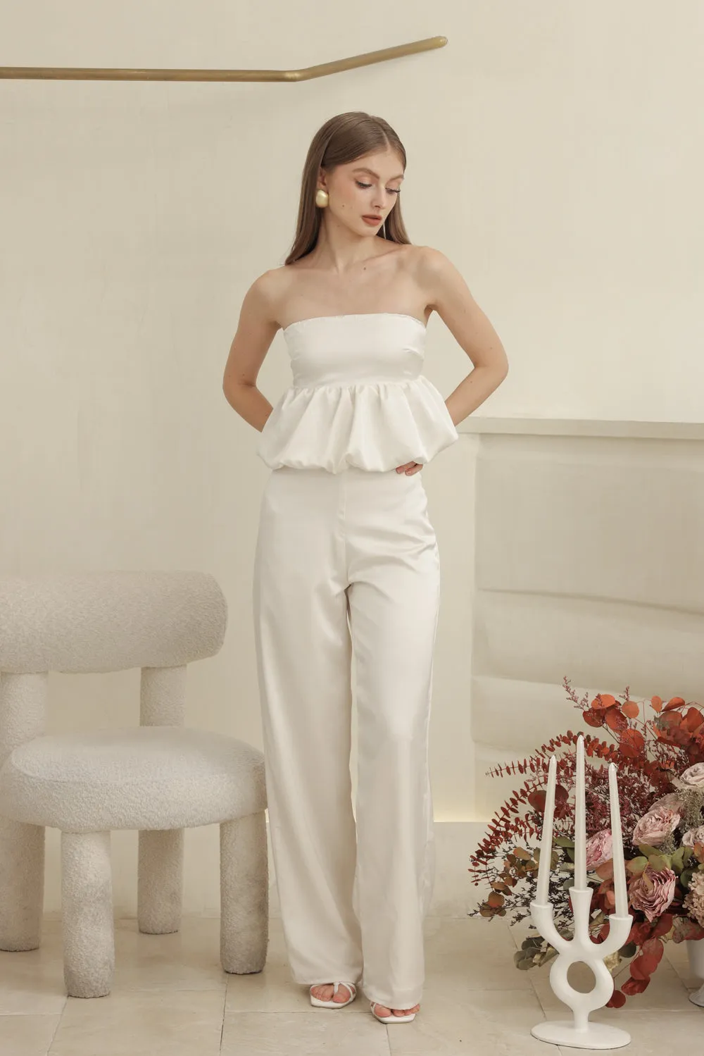 REMI PANT SET Strapless Peplum Top and Straight Cut Pant (Ivory White Silk Crepe)