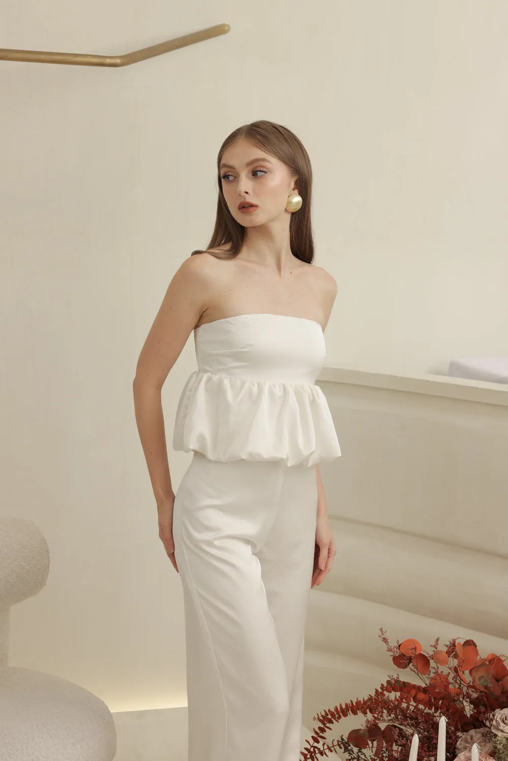 REMI PANT SET Strapless Peplum Top and Straight Cut Pant (Ivory White Silk Crepe)