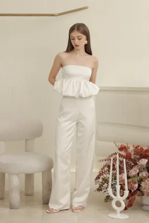 REMI PANT SET Strapless Peplum Top and Straight Cut Pant (Ivory White Silk Crepe)