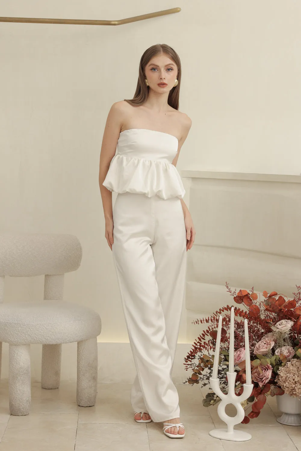 REMI PANT SET Strapless Peplum Top and Straight Cut Pant (Ivory White Silk Crepe)