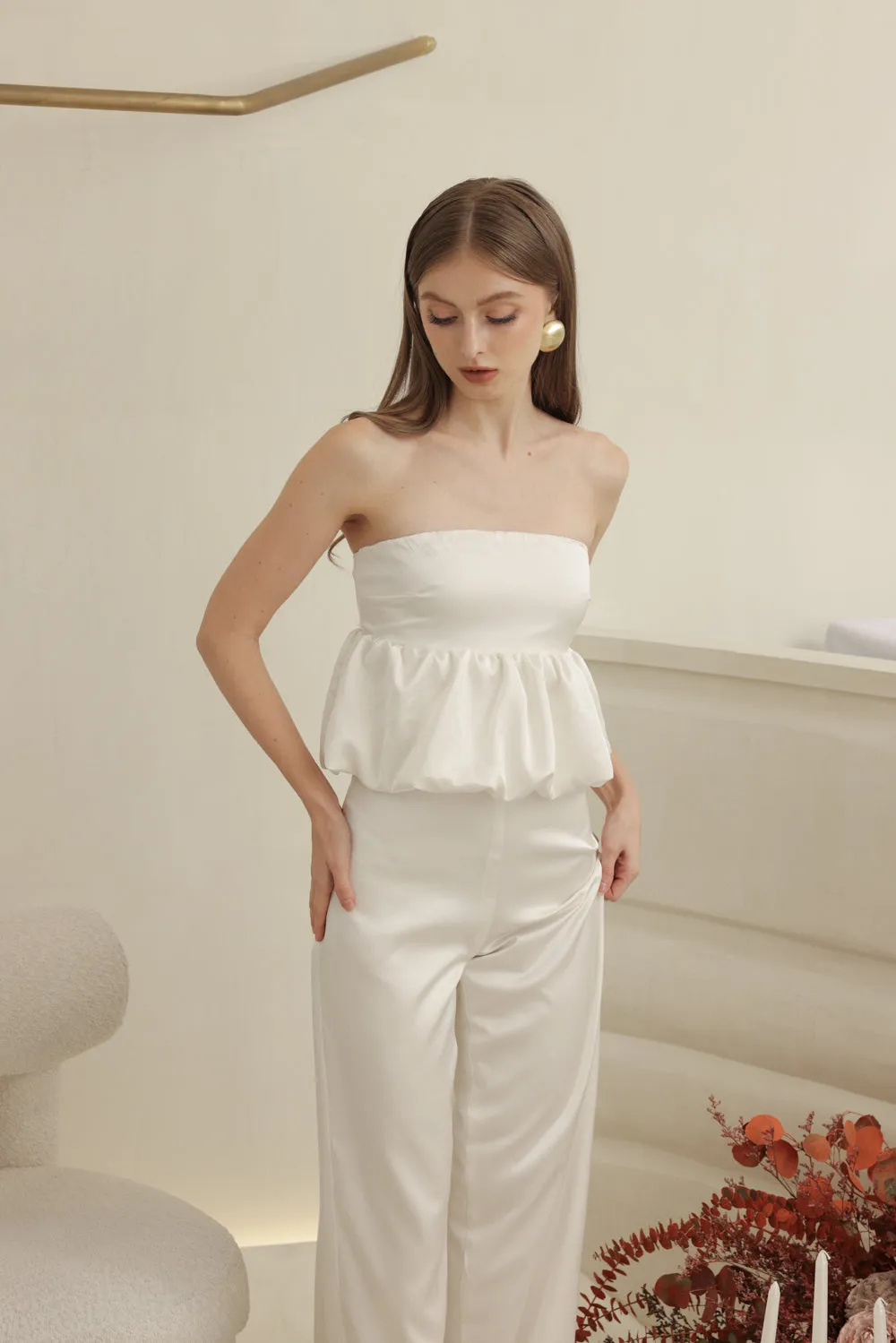 REMI PANT SET Strapless Peplum Top and Straight Cut Pant (Ivory White Silk Crepe)