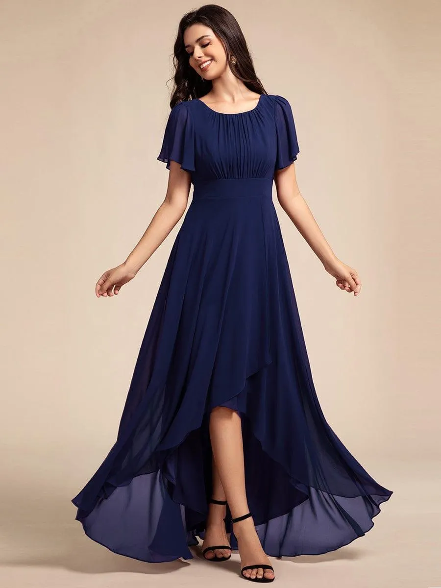 Robe de demoiselle d'honneur élégante en mousseline de soie à col rond et manches courtes