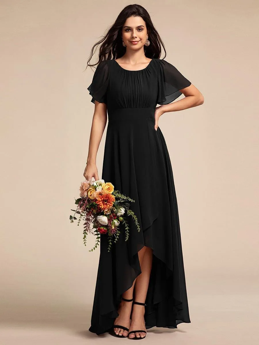 Robe de demoiselle d'honneur élégante en mousseline de soie à col rond et manches courtes