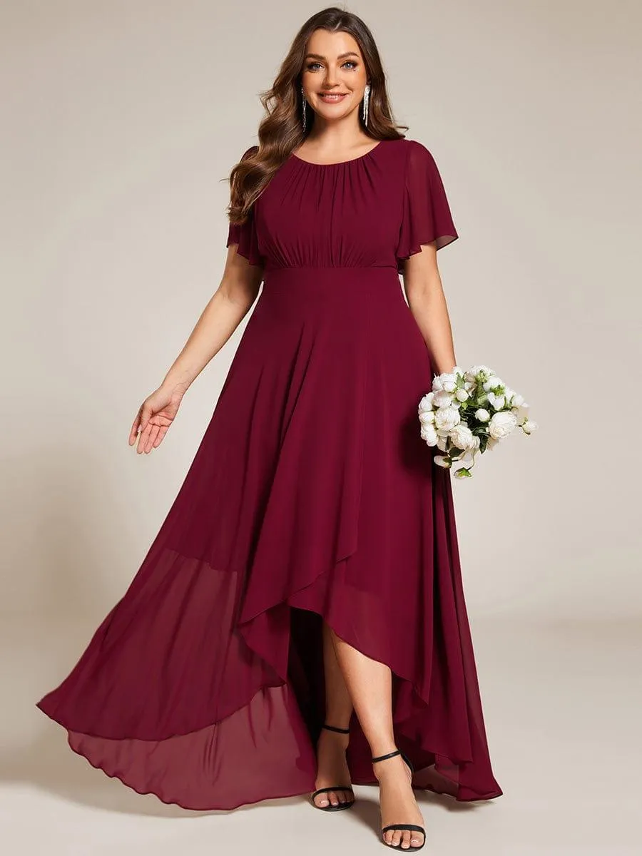 Robe de demoiselle d'honneur élégante en mousseline de soie à col rond et manches courtes