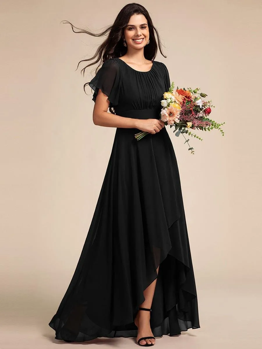 Robe de demoiselle d'honneur élégante en mousseline de soie à col rond et manches courtes