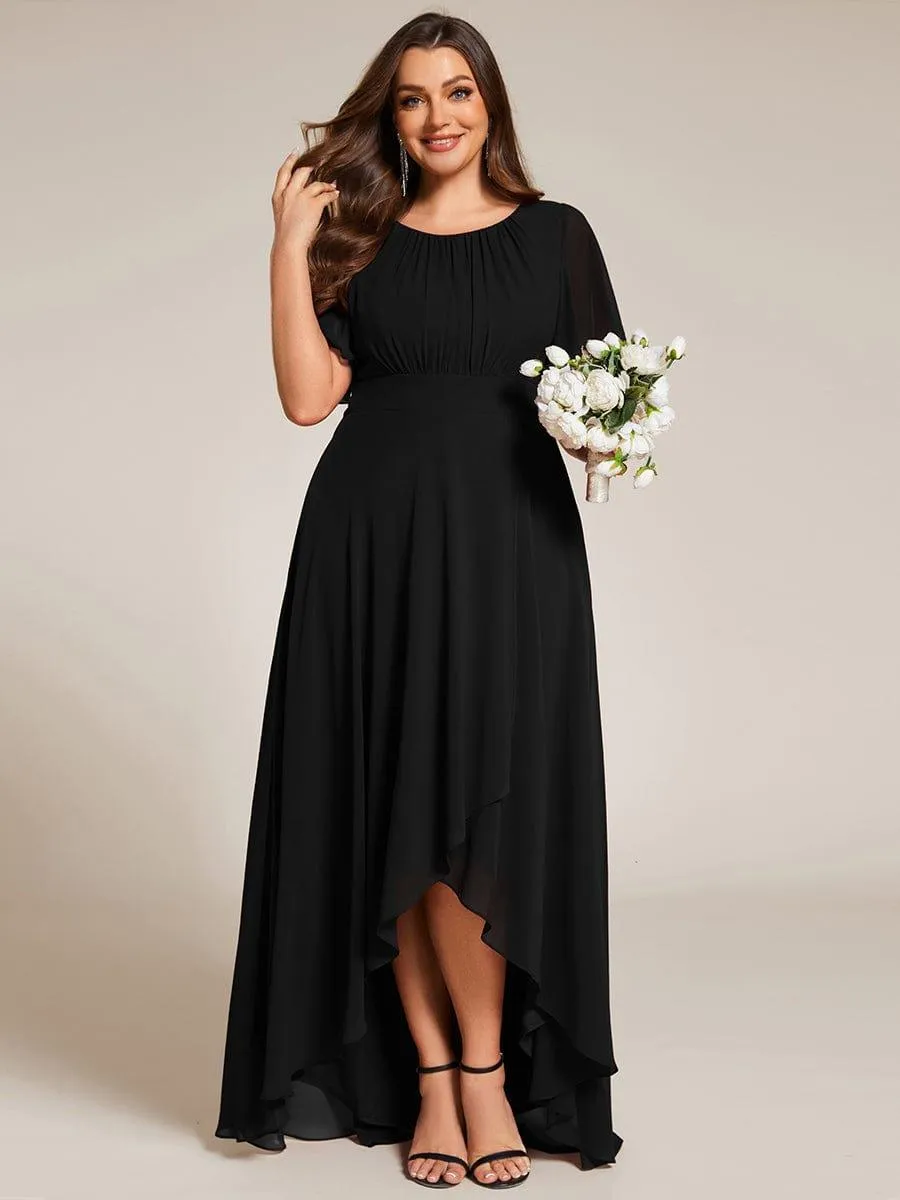 Robe de demoiselle d'honneur élégante en mousseline de soie à col rond et manches courtes