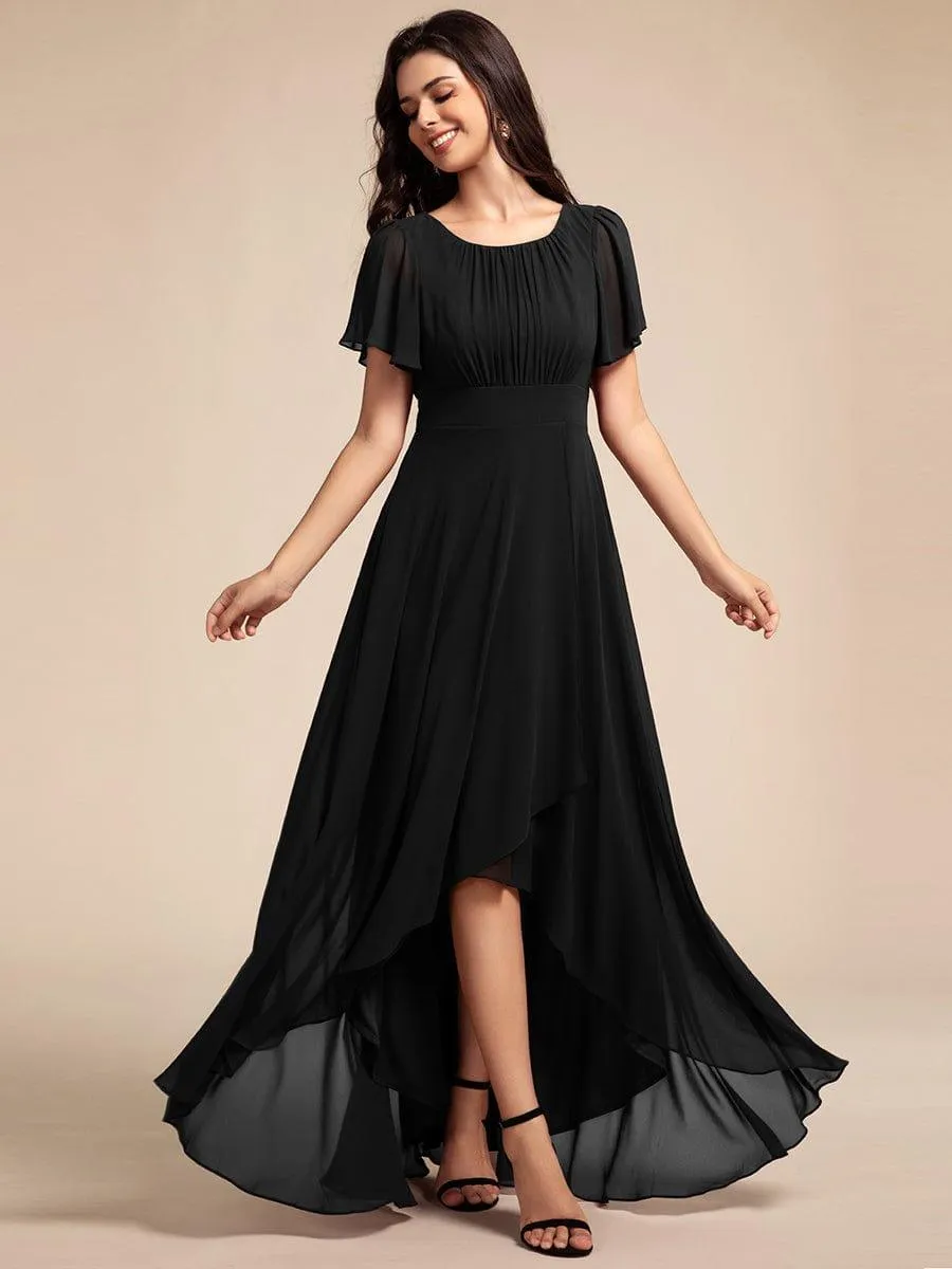 Robe de demoiselle d'honneur élégante en mousseline de soie à col rond et manches courtes