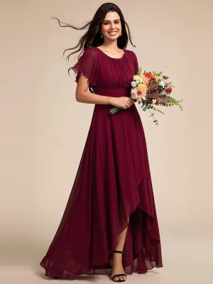 Robe de demoiselle d'honneur élégante en mousseline de soie à col rond et manches courtes