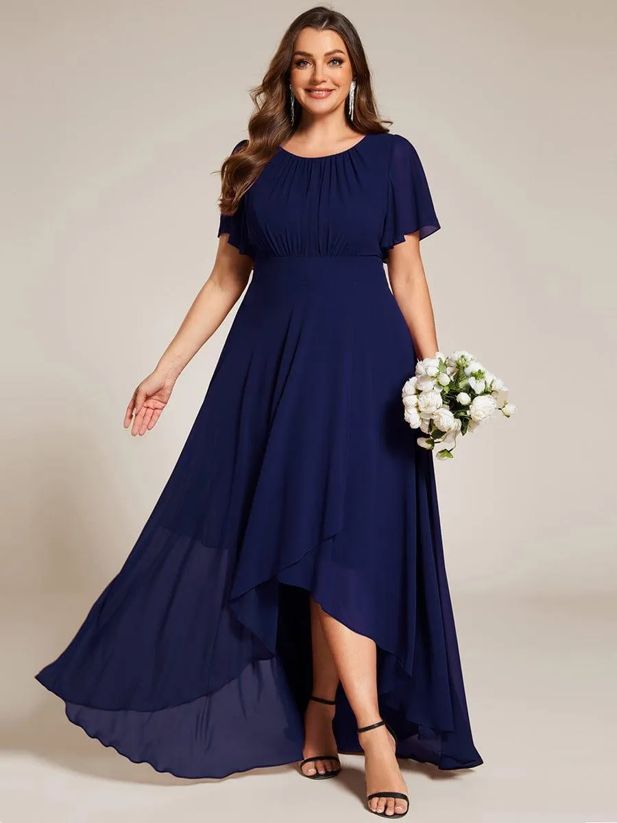 Robe de demoiselle d'honneur élégante en mousseline de soie à col rond et manches courtes