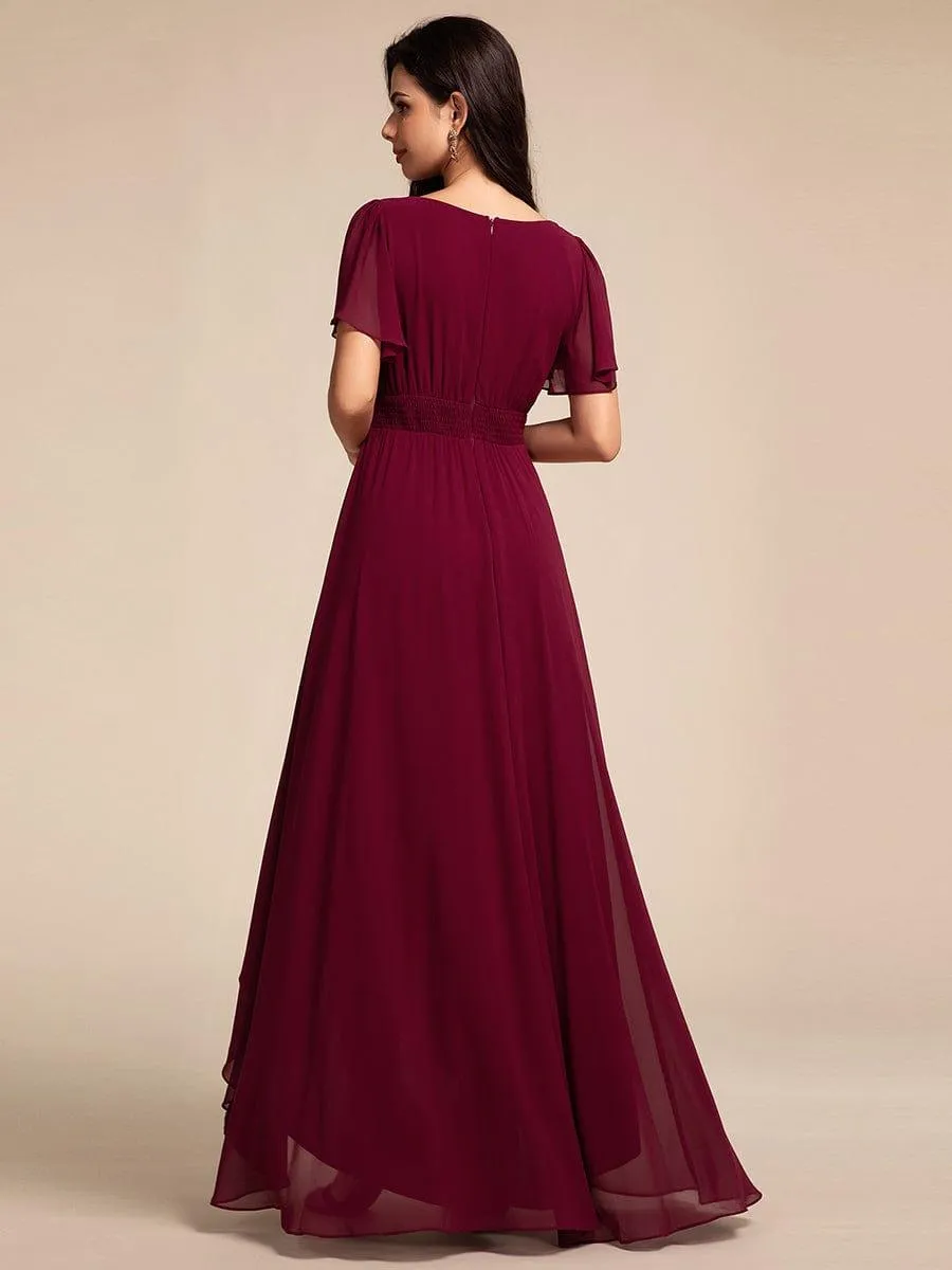 Robe de demoiselle d'honneur élégante en mousseline de soie à col rond et manches courtes