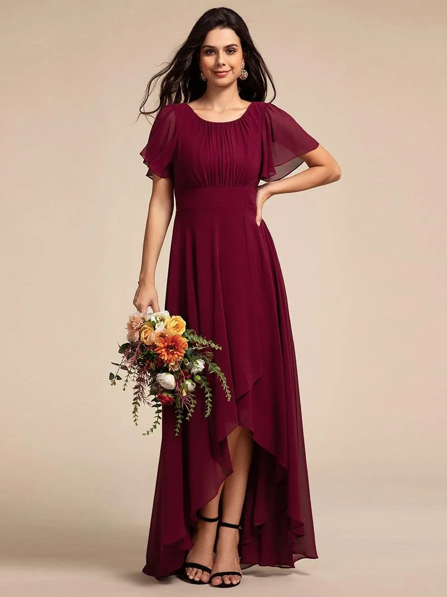 Robe de demoiselle d'honneur élégante en mousseline de soie à col rond et manches courtes