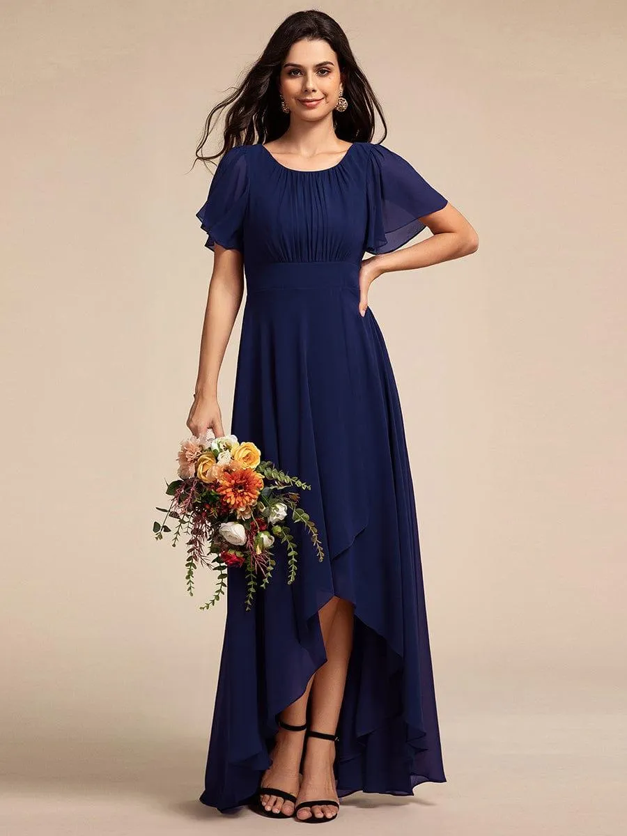 Robe de demoiselle d'honneur élégante en mousseline de soie à col rond et manches courtes