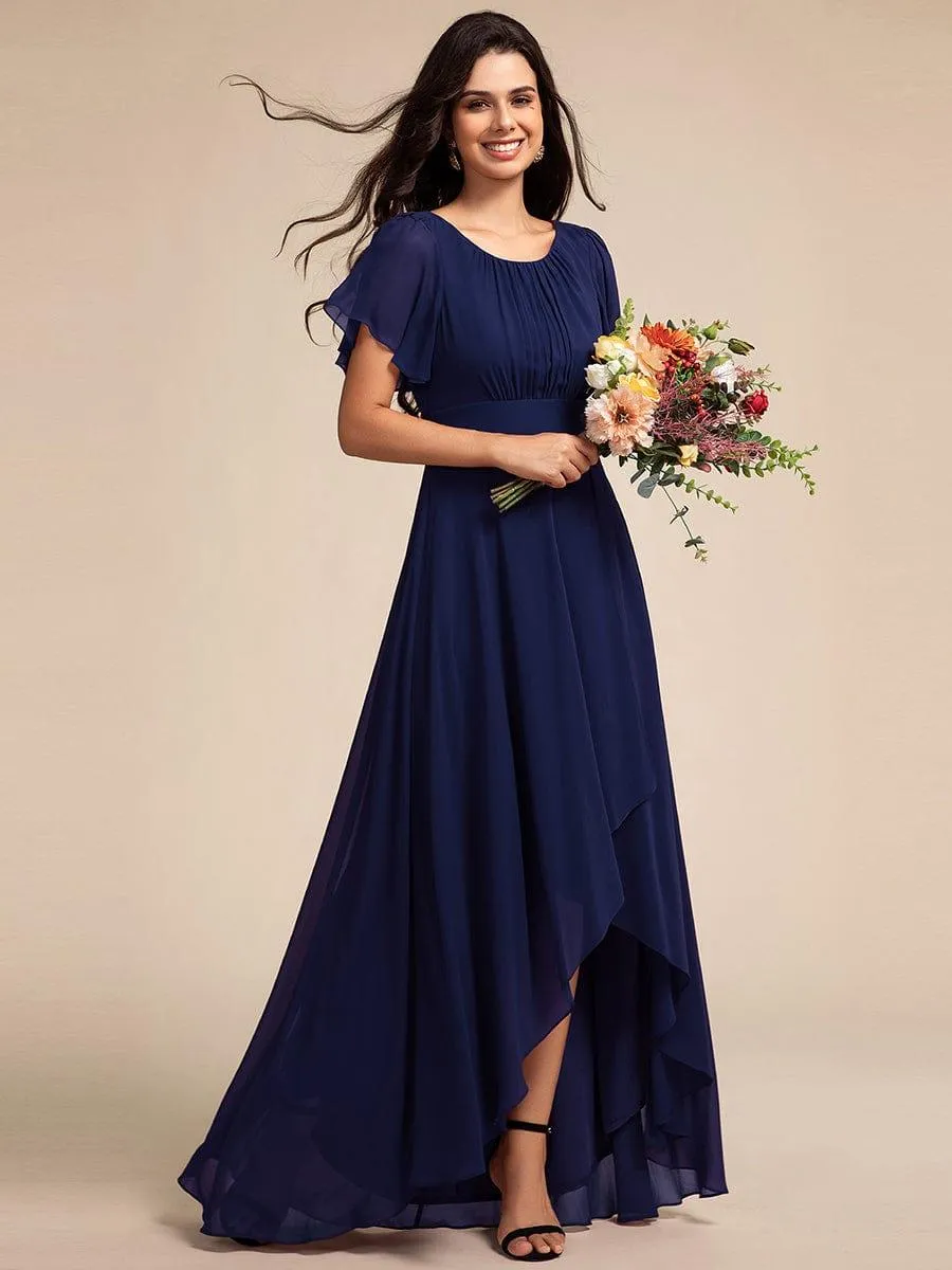 Robe de demoiselle d'honneur élégante en mousseline de soie à col rond et manches courtes