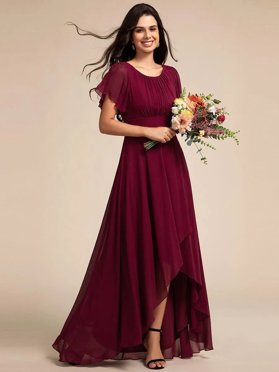 Robe de demoiselle d'honneur élégante en mousseline de soie à col rond et manches courtes
