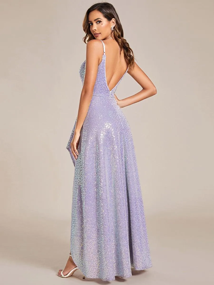 Robe de soirée dos nu haut-bas à bretelles fines scintillantes(Vente finale)