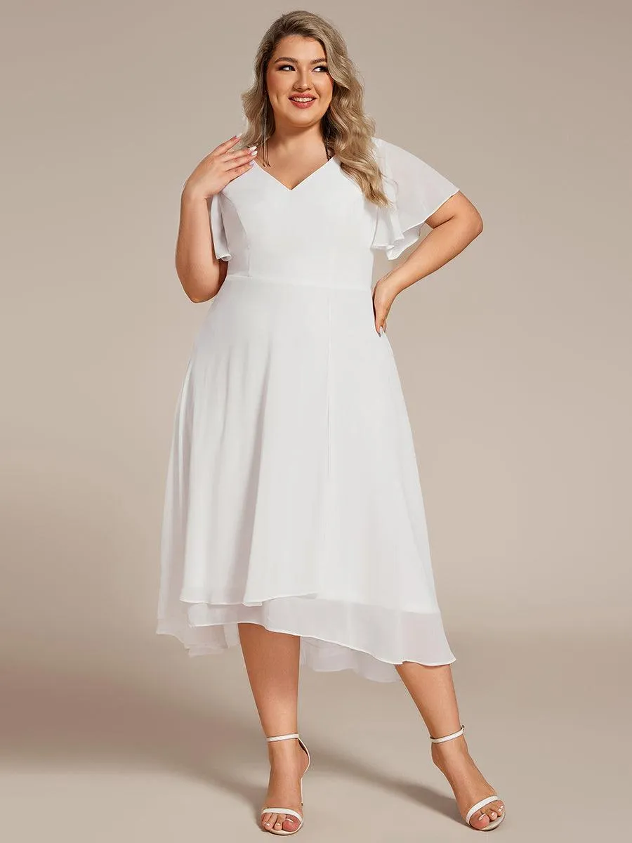 Robe d'invité de mariage en mousseline de soie grande taille avec col en V et manches à volants