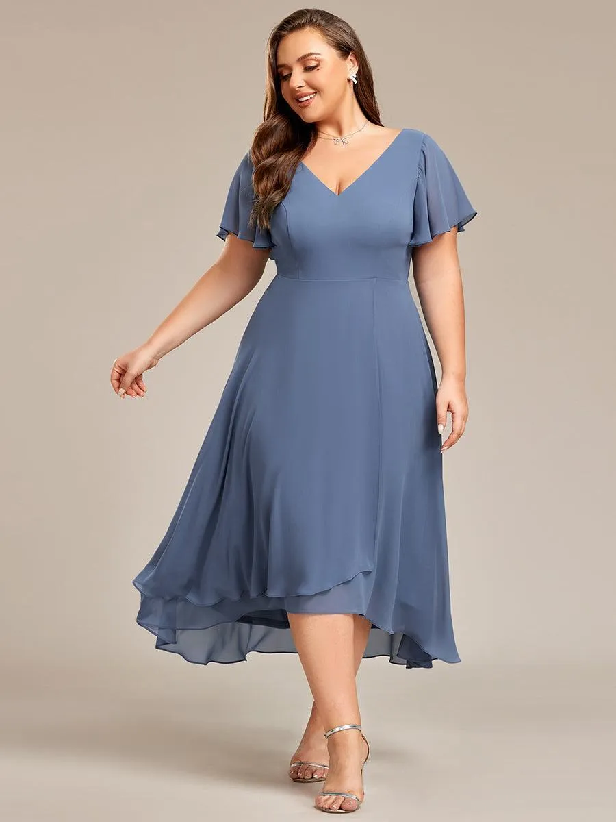 Robe d'invité de mariage en mousseline de soie grande taille avec col en V et manches à volants