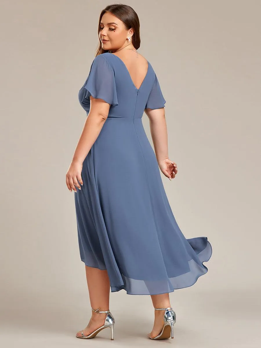 Robe d'invité de mariage en mousseline de soie grande taille avec col en V et manches à volants
