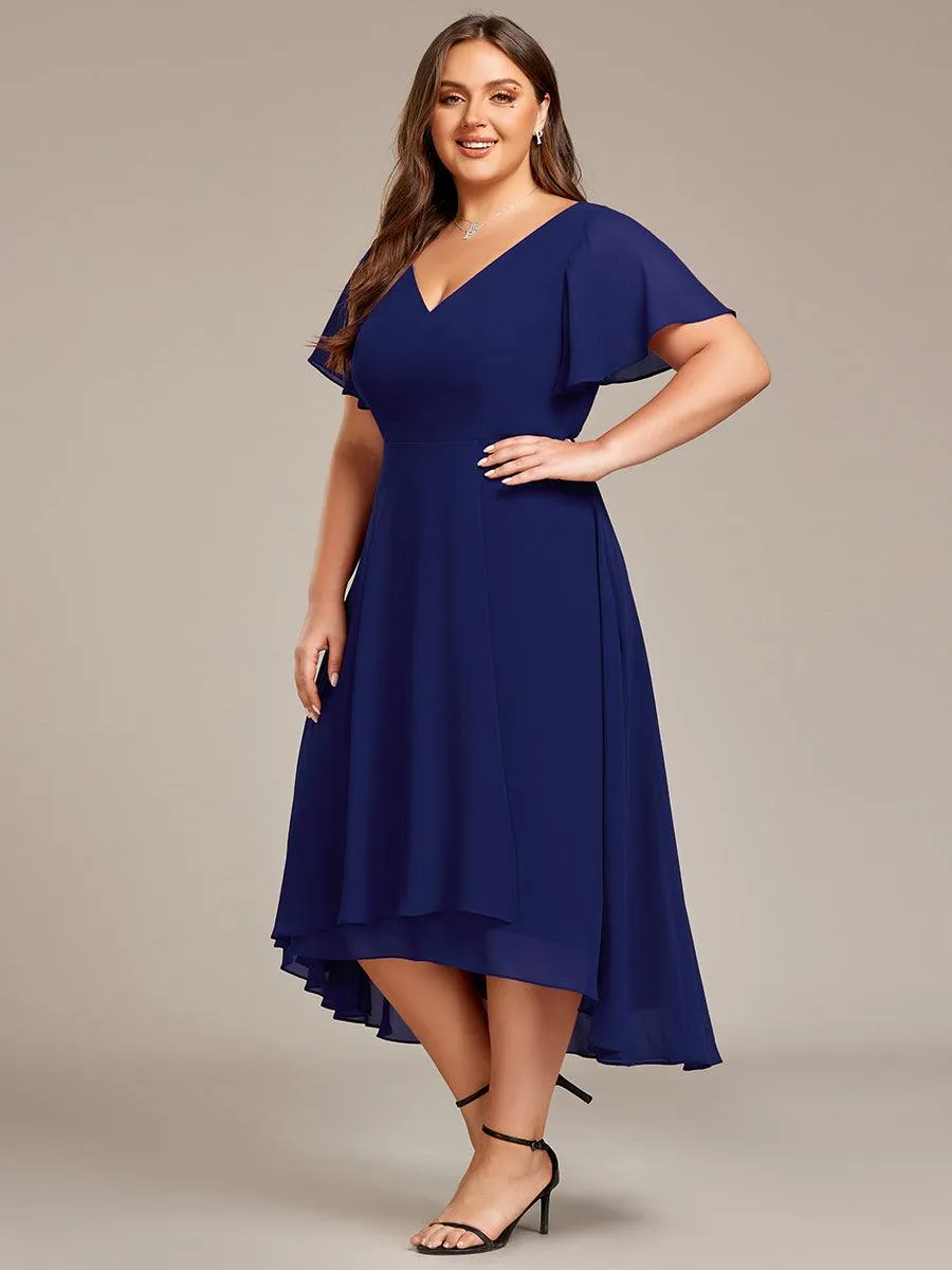 Robe d'invité de mariage en mousseline de soie grande taille avec col en V et manches à volants