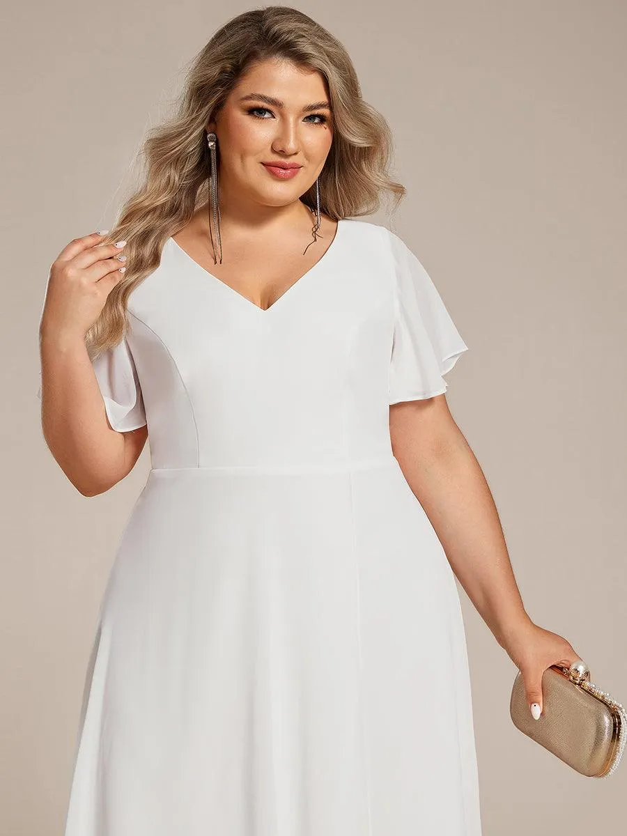 Robe d'invité de mariage en mousseline de soie grande taille avec col en V et manches à volants