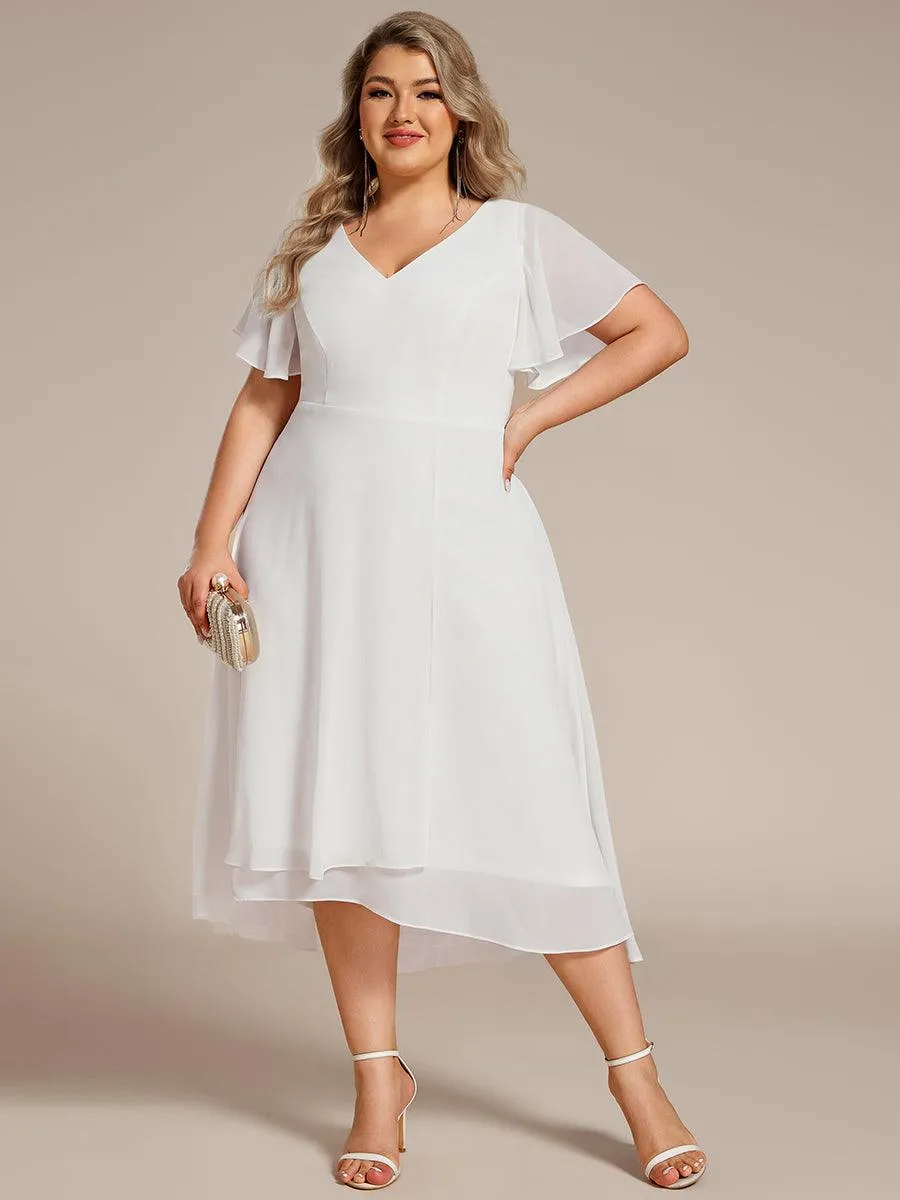 Robe d'invité de mariage en mousseline de soie grande taille avec col en V et manches à volants