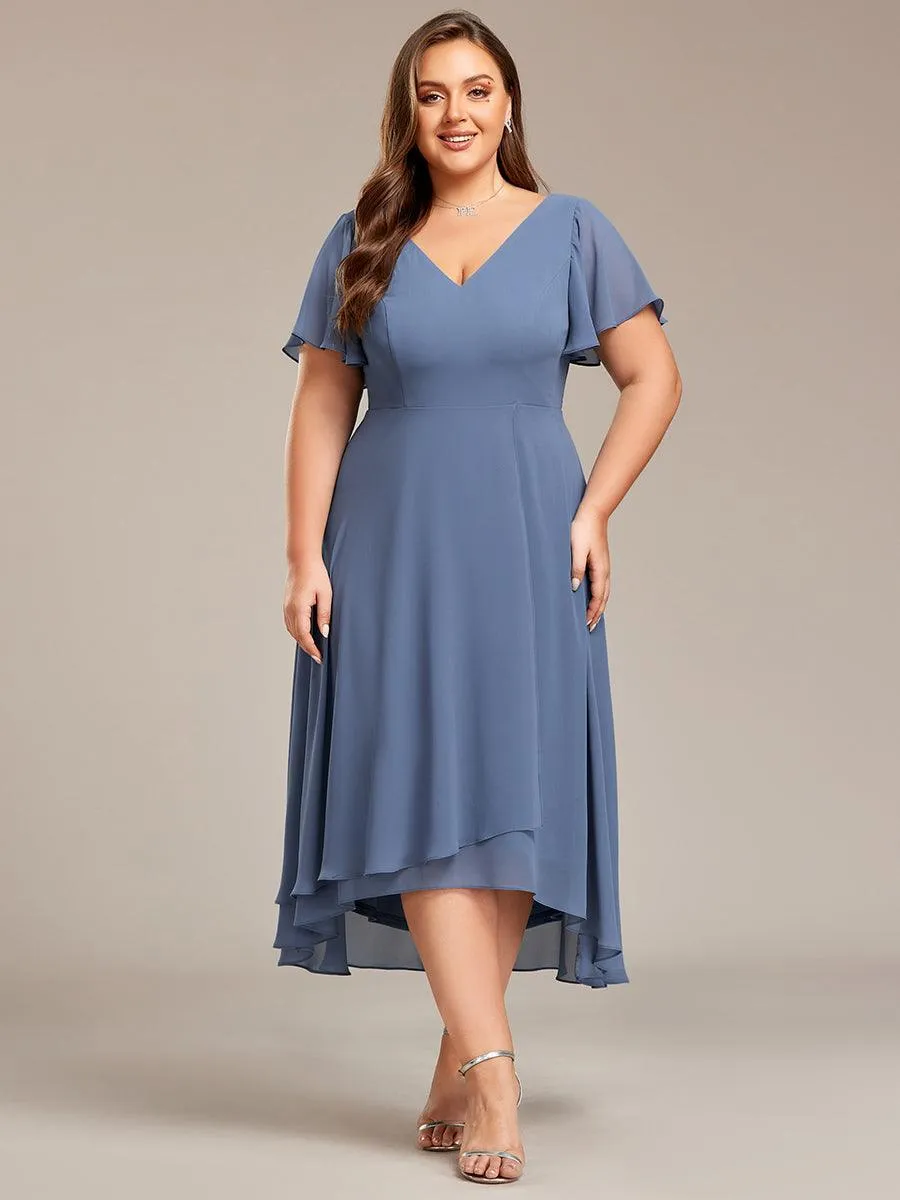 Robe d'invité de mariage en mousseline de soie grande taille avec col en V et manches à volants