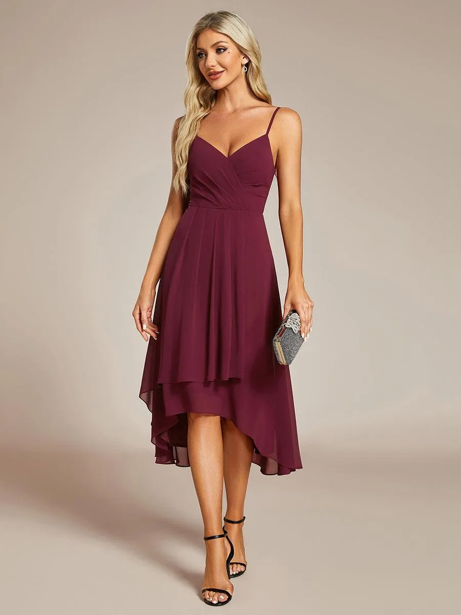 Robe d'invité de mariage élégante en mousseline de soie col en V bretelles spaghetti haut-bas(Vente finale)