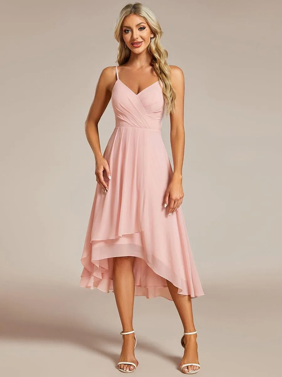 Robe d'invité de mariage élégante en mousseline de soie col en V bretelles spaghetti haut-bas(Vente finale)
