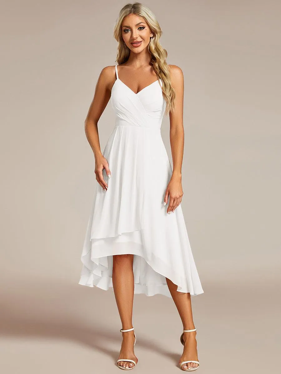 Robe d'invité de mariage élégante en mousseline de soie col en V bretelles spaghetti haut-bas(Vente finale)