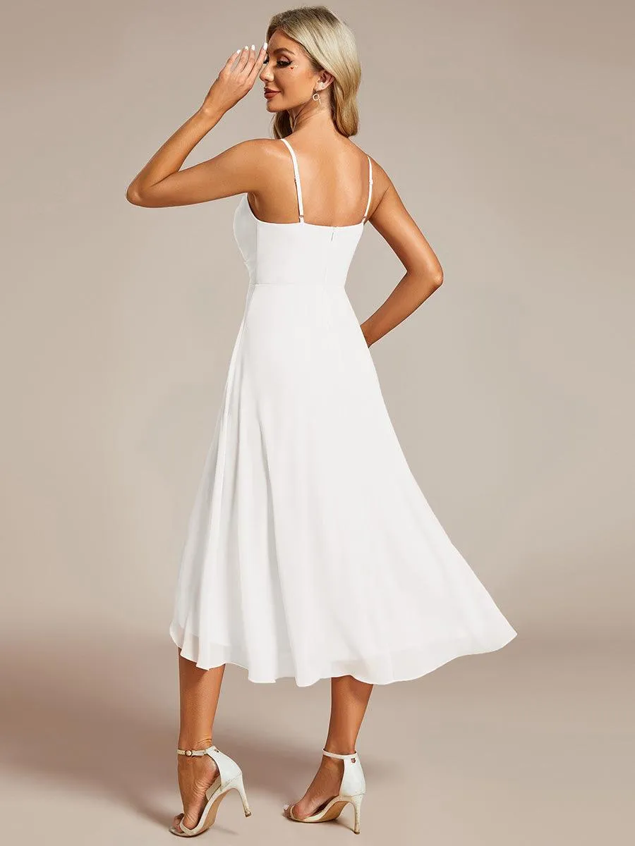 Robe d'invité de mariage élégante en mousseline de soie col en V bretelles spaghetti haut-bas(Vente finale)