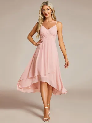 Robe d'invité de mariage élégante en mousseline de soie col en V bretelles spaghetti haut-bas(Vente finale)