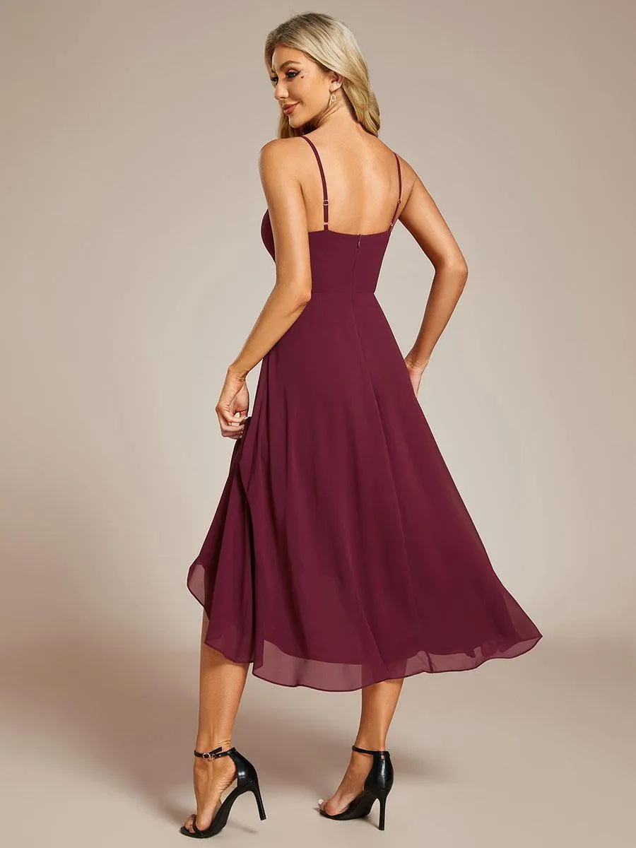 Robe d'invité de mariage élégante en mousseline de soie col en V bretelles spaghetti haut-bas(Vente finale)