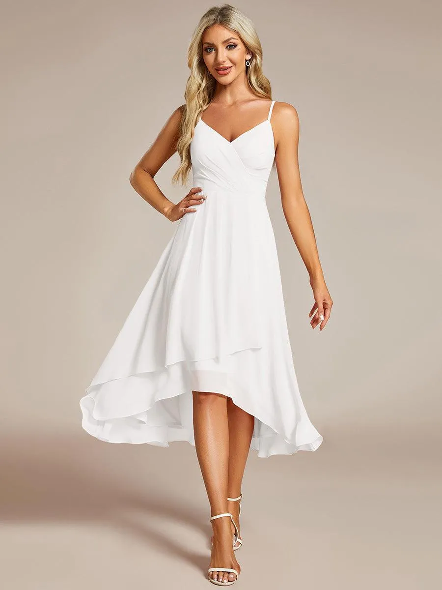 Robe d'invité de mariage élégante en mousseline de soie col en V bretelles spaghetti haut-bas(Vente finale)