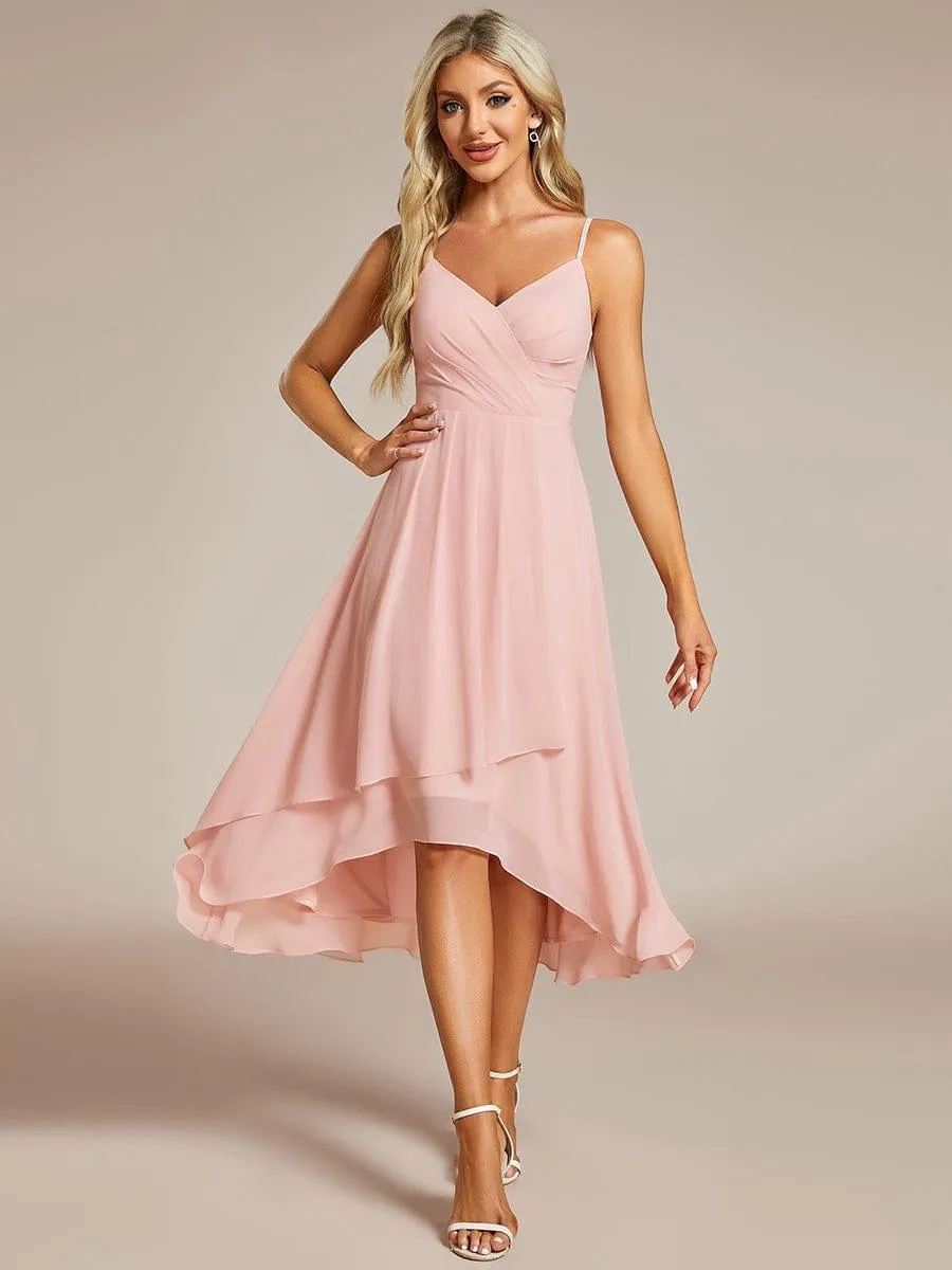 Robe d'invité de mariage élégante en mousseline de soie col en V bretelles spaghetti haut-bas(Vente finale)