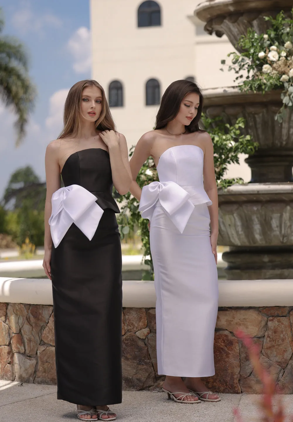 ROSARIO SET Strapless Curved Neckline Top with Side Bow and Pencil Skirt (Black Body with White Bow Gazaar)
