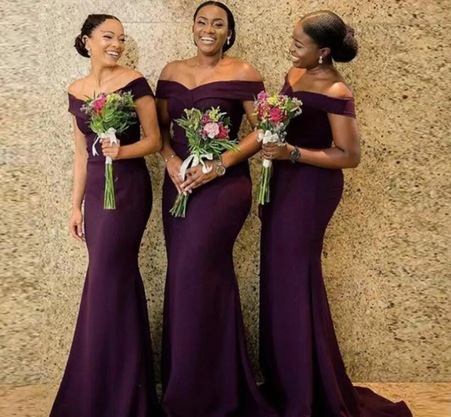 Roycebridal Floor Length Off the Shoulder Mermaid Dark Purple Bridesmaid Dresses