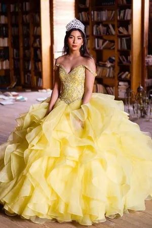 Ruffled Organza Yellow Quinceanera Dress Ball Gown Rhinestones Off-the-shoulder Bodice